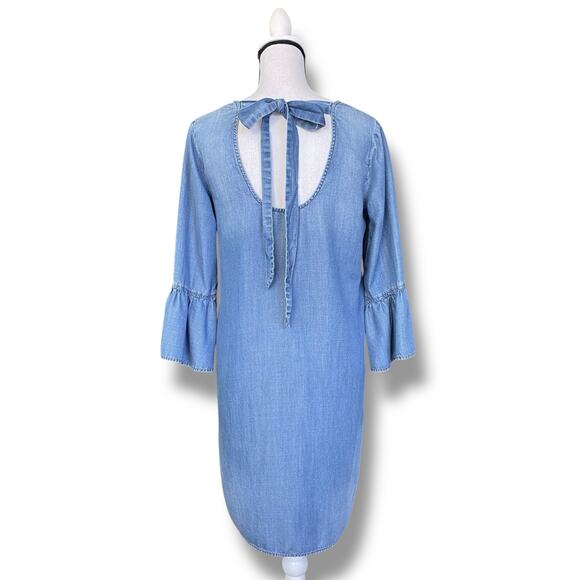 Cloth & Stone Anthropologie Chambray Dress Sz 3/4 Ruffle Sleeves Open Tie Back - Picture 3 of 16